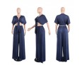 Women Loose Wide Leg Pants Lace Up V-Neck Crop Top 2 Piece Set