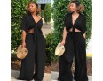 Women Loose Wide Leg Pants Lace Up V-Neck Crop Top 2 Piece Set