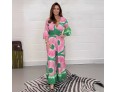 Summer Women Fashion Plus Size V-Neck Tie-Dye Printed Horn Sleeve Wide Leg Jumpsuits