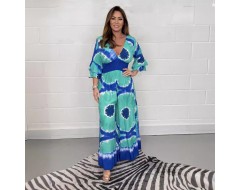 Summer Women Fashion Plus Size V-Neck Tie-Dye Printed Horn Sleeve Wide Leg Jumpsuits