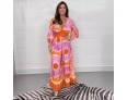 Summer Women Fashion Plus Size V-Neck Tie-Dye Printed Horn Sleeve Wide Leg Jumpsuits