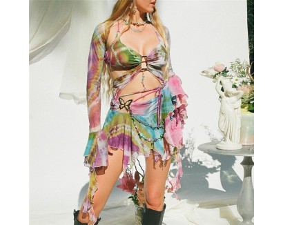 Summer Women Fashion Sexy Butterfly Printed Sling Strap Strap Long Sleeve Shawl Irregular Skirt Three-Piece Set