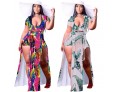 Women Fashion Sexy Plus Size Leaf Print Short Sleeve Split Skirt Two-Piece Set