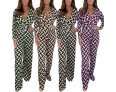 Women Fashion Casual Plus Size Geometric Print V-Neck Long-Sleeved Wide-Leg Jumpsuits