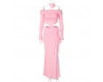 Women Sexy Solid Color Off-Shoulder Long-Sleeved Top And Skirt Two-Piece Set