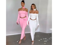 Women Sexy Solid Color Off-Shoulder Long-Sleeved Top And Skirt Two-Piece Set