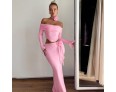 Women Sexy Solid Color Off-Shoulder Long-Sleeved Top And Skirt Two-Piece Set