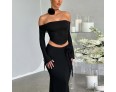 Women Sexy Solid Color Off-Shoulder Long-Sleeved Top And Skirt Two-Piece Set