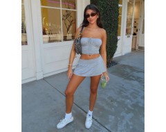 Women Fashion Sexy Strapless Drawstring Crop Top Pantskirt Two-Piece Set