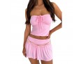 Women Fashion Sexy Strapless Drawstring Crop Top Pantskirt Two-Piece Set