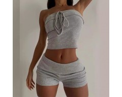 Women Fashion Sexy Lace-Up Strapless Vest Turn-Up Shorts