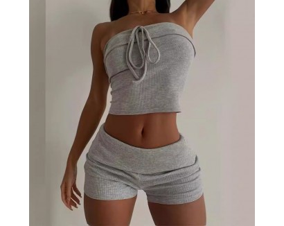 Women Fashion Sexy Lace-Up Strapless Vest Turn-Up Shorts