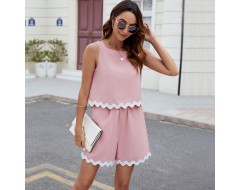 Women Fashion Casual Contrast Color Wave Lace Two-Piece Set