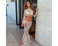 Summer Women Fashion Sexy Solid Color Hollow Perspective Long Sleeve Crop Top Split Skirt Two-Piece Set