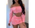 Women Fashion Sexy Letter Print Off Shoulder Long Sleeve Crop Top Skirt Two-Piece Set