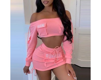 Women Fashion Sexy Letter Print Off Shoulder Long Sleeve Crop Top Skirt Two-Piece Set