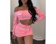 Women Fashion Sexy Letter Print Off Shoulder Long Sleeve Crop Top Skirt Two-Piece Set