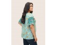 Women Fashion Plus Size Bohemian Tiny Flower Print V-Neck Short Sleeve Top