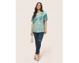 Women Fashion Plus Size Bohemian Tiny Flower Print V-Neck Short Sleeve Top