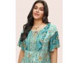 Women Fashion Plus Size Bohemian Tiny Flower Print V-Neck Short Sleeve Top