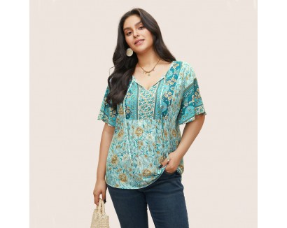 Women Fashion Plus Size Bohemian Tiny Flower Print V-Neck Short Sleeve Top