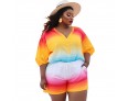 Summer Women Fashion V-Neck Plus Size Multicolor Printed Top Shorts Two-Piece Set