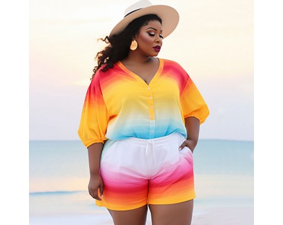 Summer Women Fashion V-Neck Plus Size Multicolor Printed Top Shorts Two-Piece Set