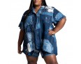 Summer Women Fashion Plus Size Denim Print Lapel Short Sleeve Top Shorts Two-Piece Set