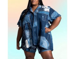 Summer Women Fashion Plus Size Denim Print Lapel Short Sleeve Top Shorts Two-Piece Set