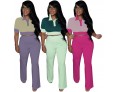 Women Summer Contrast Color Polo Collar Short Sleeve Crop Top Wide Leg Pants Set