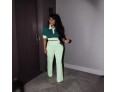 Women Summer Contrast Color Polo Collar Short Sleeve Crop Top Wide Leg Pants Set