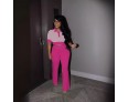 Women Summer Contrast Color Polo Collar Short Sleeve Crop Top Wide Leg Pants Set