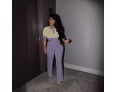 Women Summer Contrast Color Polo Collar Short Sleeve Crop Top Wide Leg Pants Set