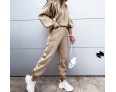 Athleisure Autumn Winter Women Fashionable Loose Solid Color Drawstring Long Sleeve Hooded Jogger Pants Two-Piece Set