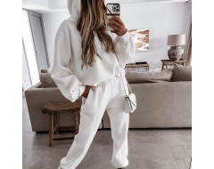 Athleisure Autumn Winter Women Fashionable Loose Solid Color Drawstring Long Sleeve Hooded Jogger Pants Two-Piece Set