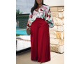 Women Fashion Loose Plus Size Floral Print Lapel Long-Sleeved Shirt Top Solid Color Wide Leg Pants Two-Piece Set