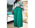 Women Fashion Loose Plus Size Floral Print Lapel Long-Sleeved Shirt Top Solid Color Wide Leg Pants Two-Piece Set