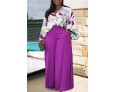 Women Fashion Loose Plus Size Floral Print Lapel Long-Sleeved Shirt Top Solid Color Wide Leg Pants Two-Piece Set