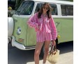 Summer Women Fashion Stripe Print Long Sleeve Top Shorts Two-Piece Set