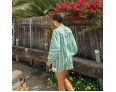 Summer Women Fashion Stripe Print Long Sleeve Top Shorts Two-Piece Set