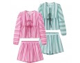 Summer Women Fashion Stripe Print Long Sleeve Top Shorts Two-Piece Set