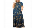 Summer Women Fashion Casual Plus Size Floral Print Round Neck Short Sleeve Maxi Dress