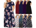 Summer Women Fashion Casual Plus Size Floral Print Round Neck Short Sleeve Maxi Dress