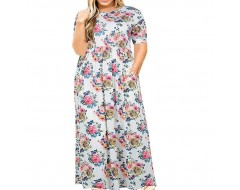 Summer Women Fashion Casual Plus Size Floral Print Round Neck Short Sleeve Maxi Dress