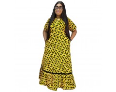 Summer Women Fashion Plus Size Graphic Printing Round Neck Short Sleeve Large Swing Dress