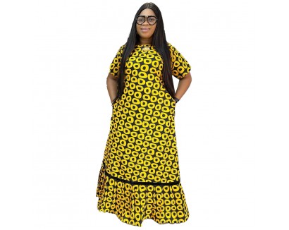 Summer Women Fashion Plus Size Graphic Printing Round Neck Short Sleeve Large Swing Dress