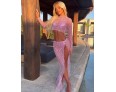 Summer Women Fashion Sexy Solid Color Round Neck Mesh Hollow Long Sleeve Crop Top See-Through Split Skirt Two-Piece Set