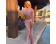 Summer Women Fashion Sexy Solid Color Round Neck Mesh Hollow Long Sleeve Crop Top See-Through Split Skirt Two-Piece Set