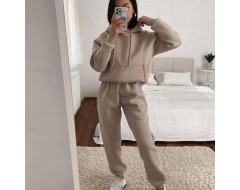 Women Casual Loose Solid Color Long Sleeve Pocket Hoodie Jogger Pants Two-Piece Set