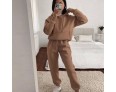 Women Casual Loose Solid Color Long Sleeve Pocket Hoodie Jogger Pants Two-Piece Set